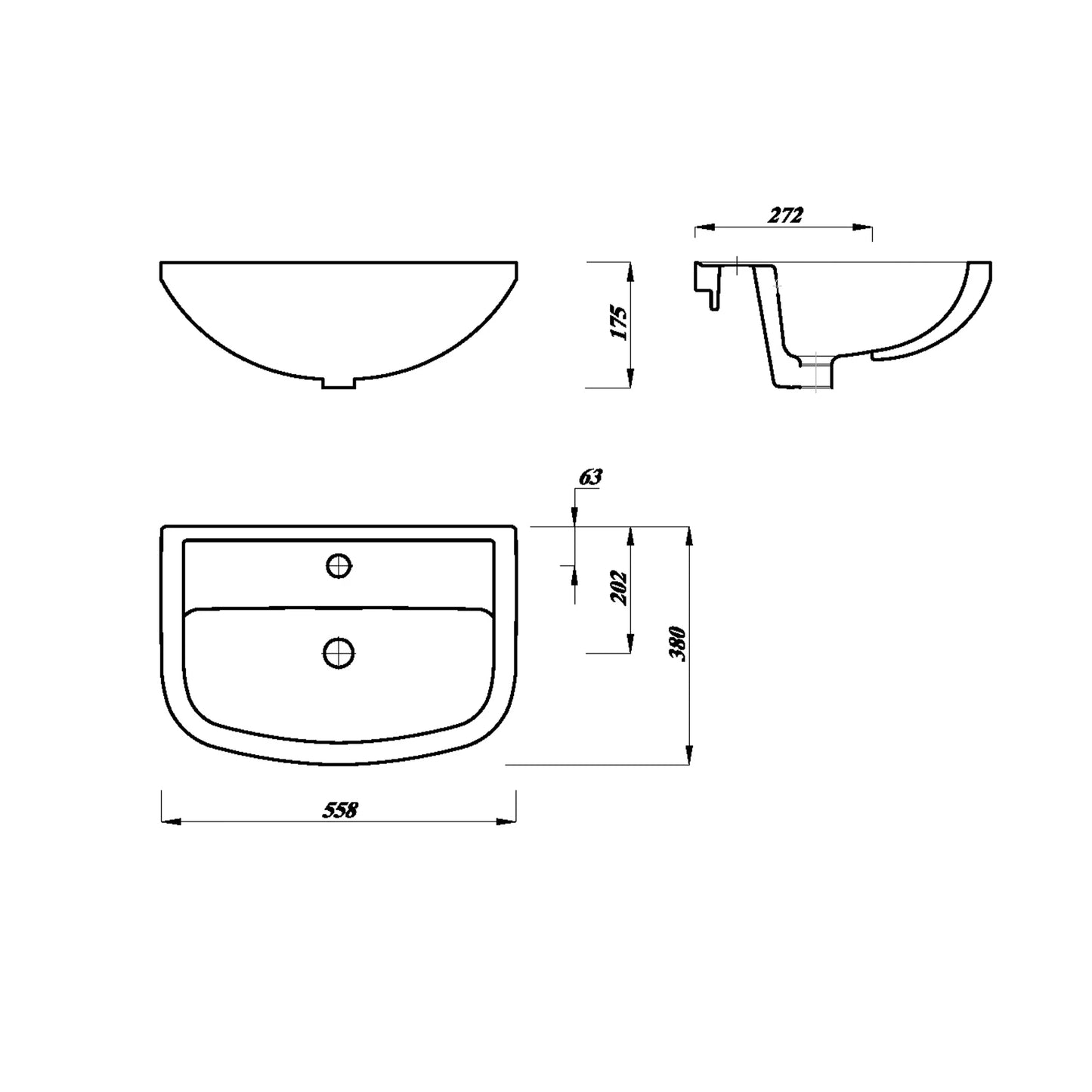 Chiltern 550mm Semi Recessed 1 Tap Hole Basin - White