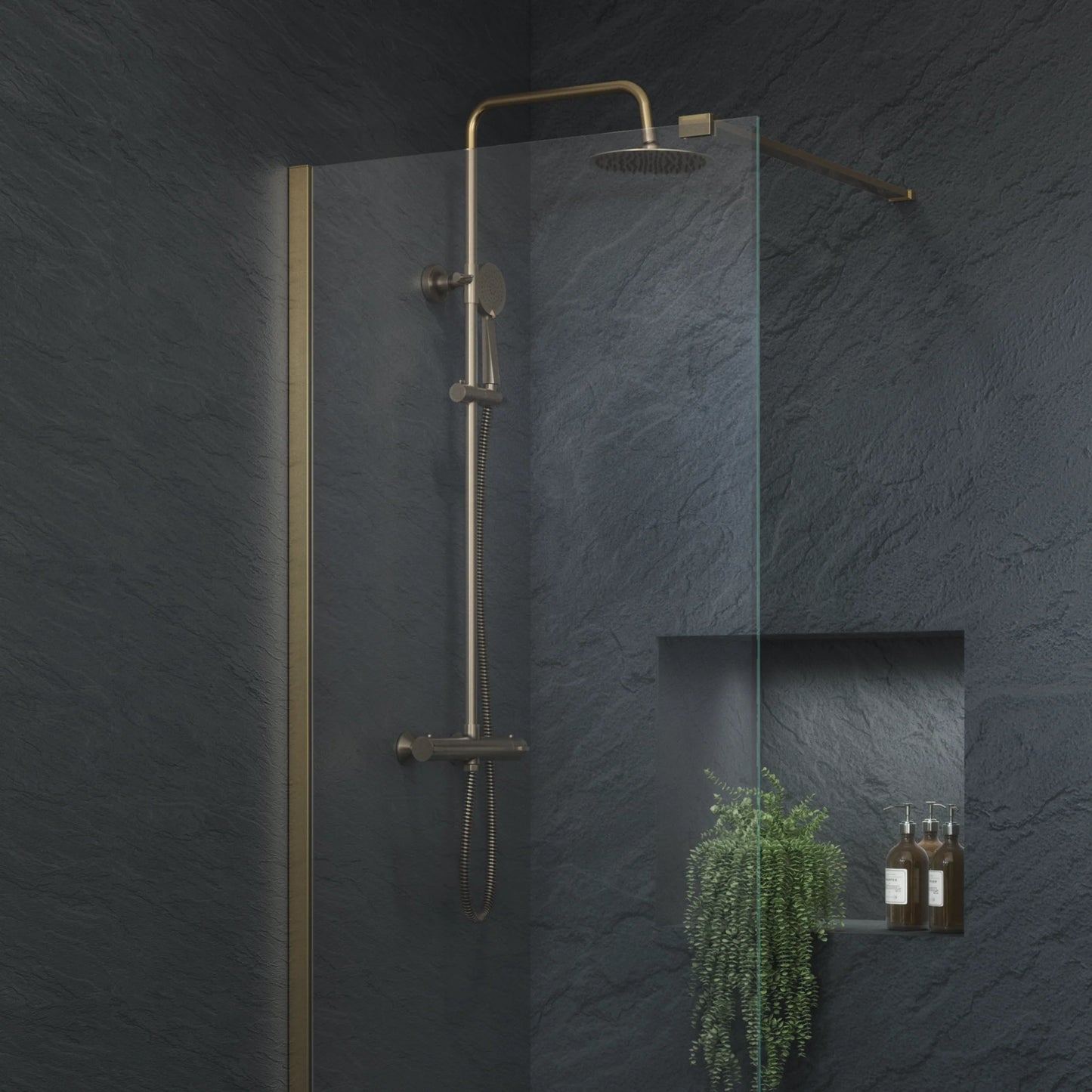 Holland PVD Coated Column Shower w/ Rail, Hose & Round Head - Brushed Brass