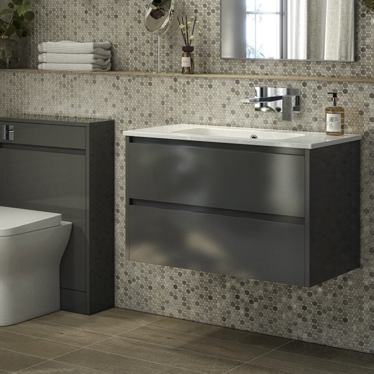 Granby 800mm x 500mm x 480mm 2 Drawer Wall Mounted Vanity Unit - Matt Grey