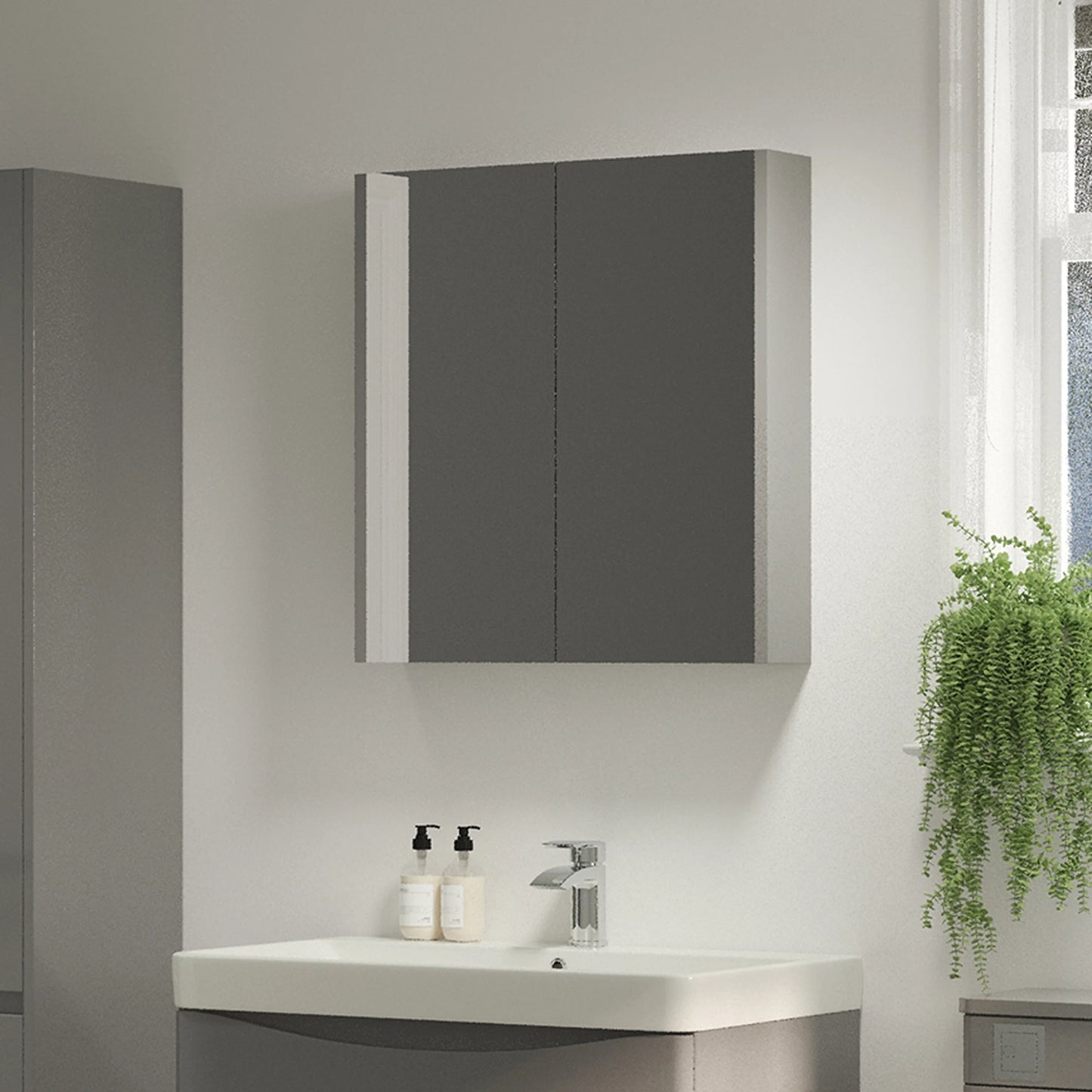 Granby 580mm x 650mm 2 Door Mirror Cabinet w/ Glass Shelves - Matt Grey