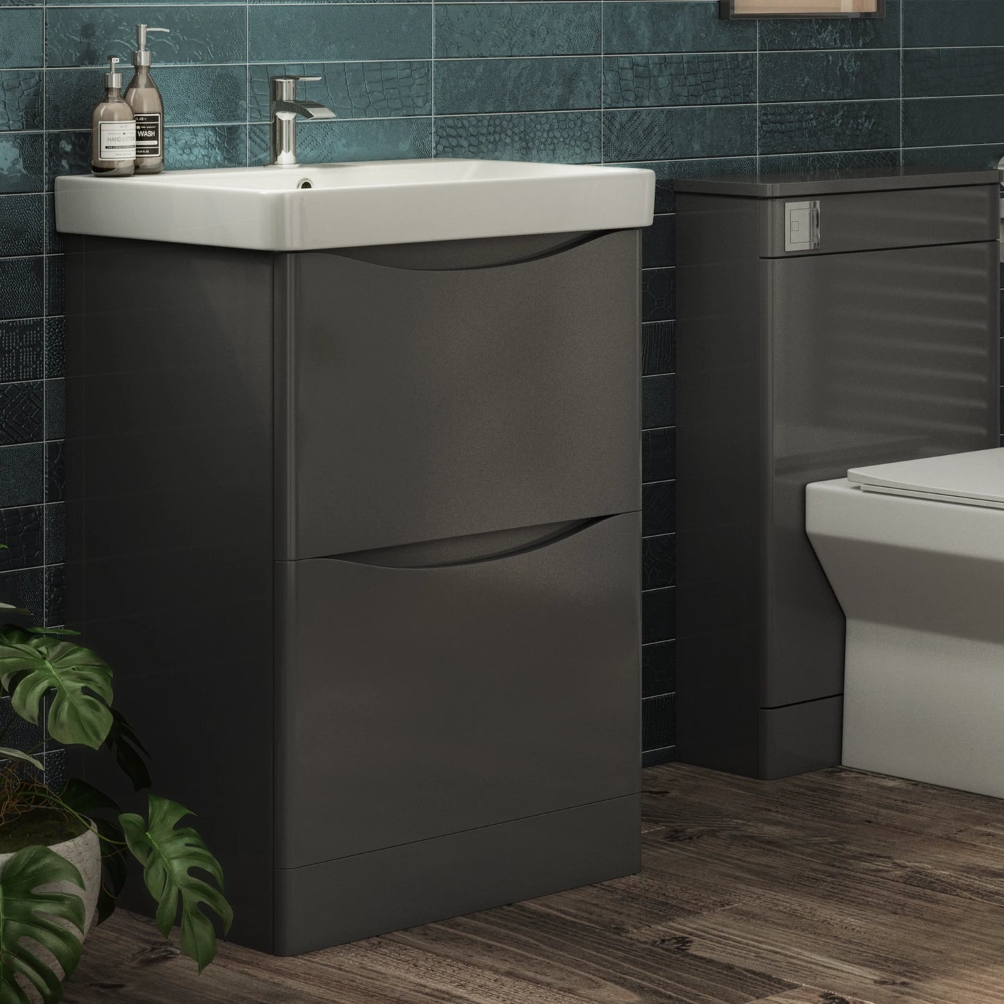 Portland 580mm x 830mm x 465mm 2 drawer Floorstanding Vanity Unit - Matt Grey