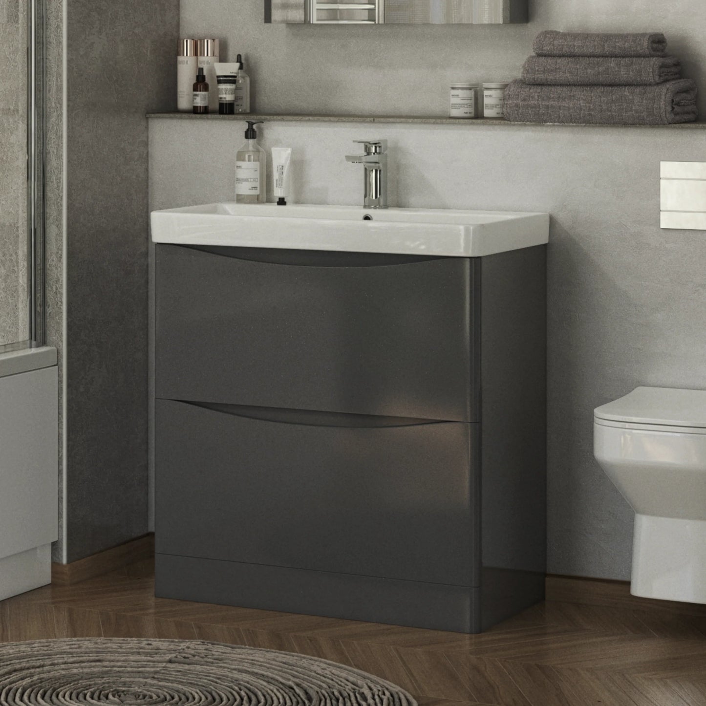 Portland 780mm x 830mm x 465mm 2 drawer Floorstanding Vanity Unit - Matt Grey
