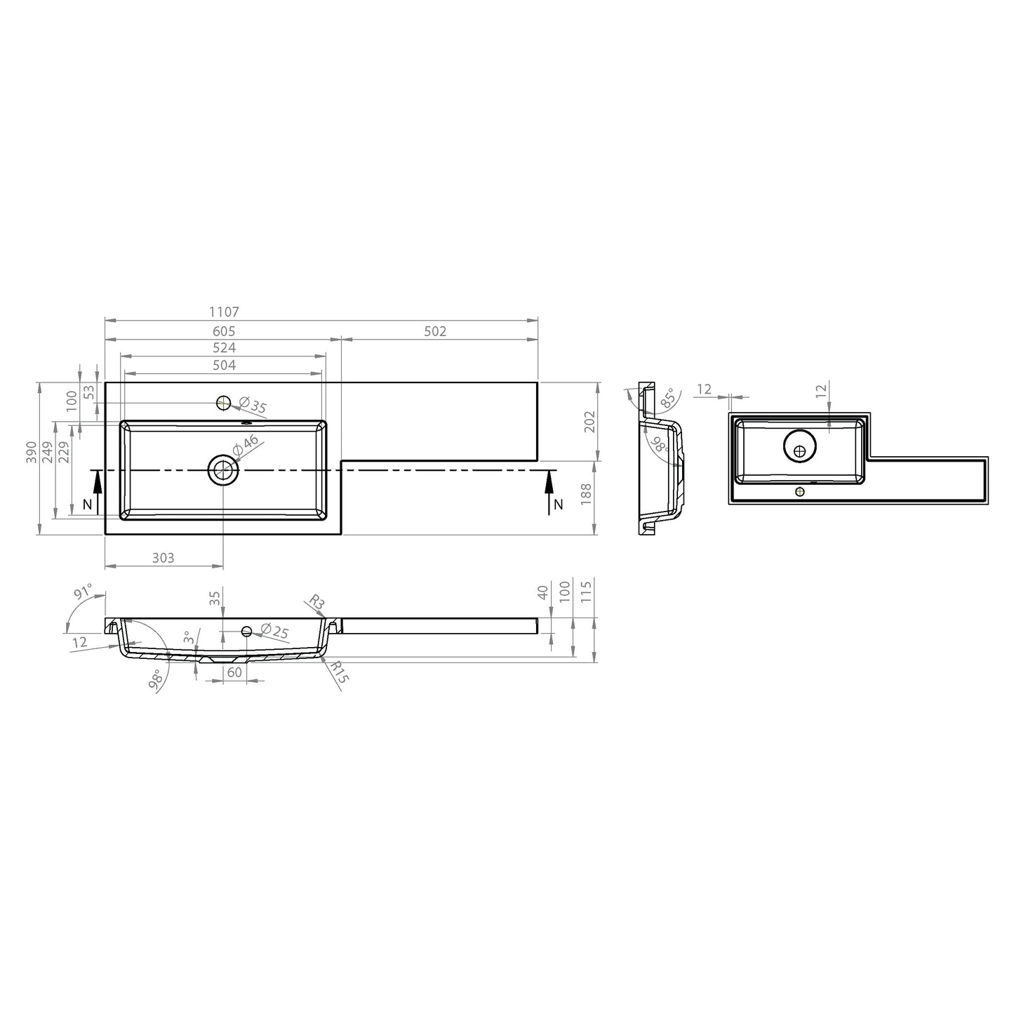 Slateford 11107mm x 390mm 1 Tap Hole Left Handed L Shape Gelcast Basin - White