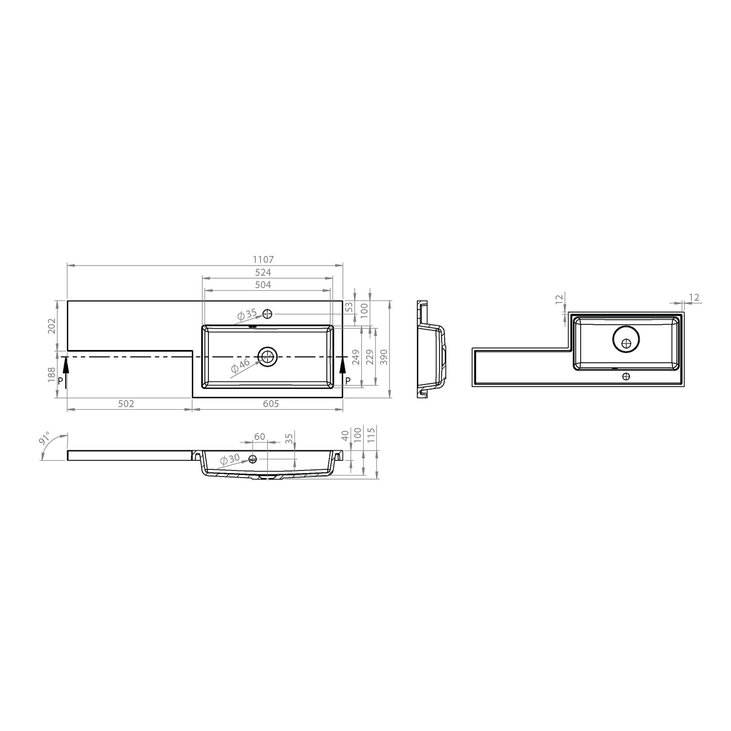Slateford 1107mm x 390mm 1 Tap Hole Right Handed L Shape Gelcast Basin - White
