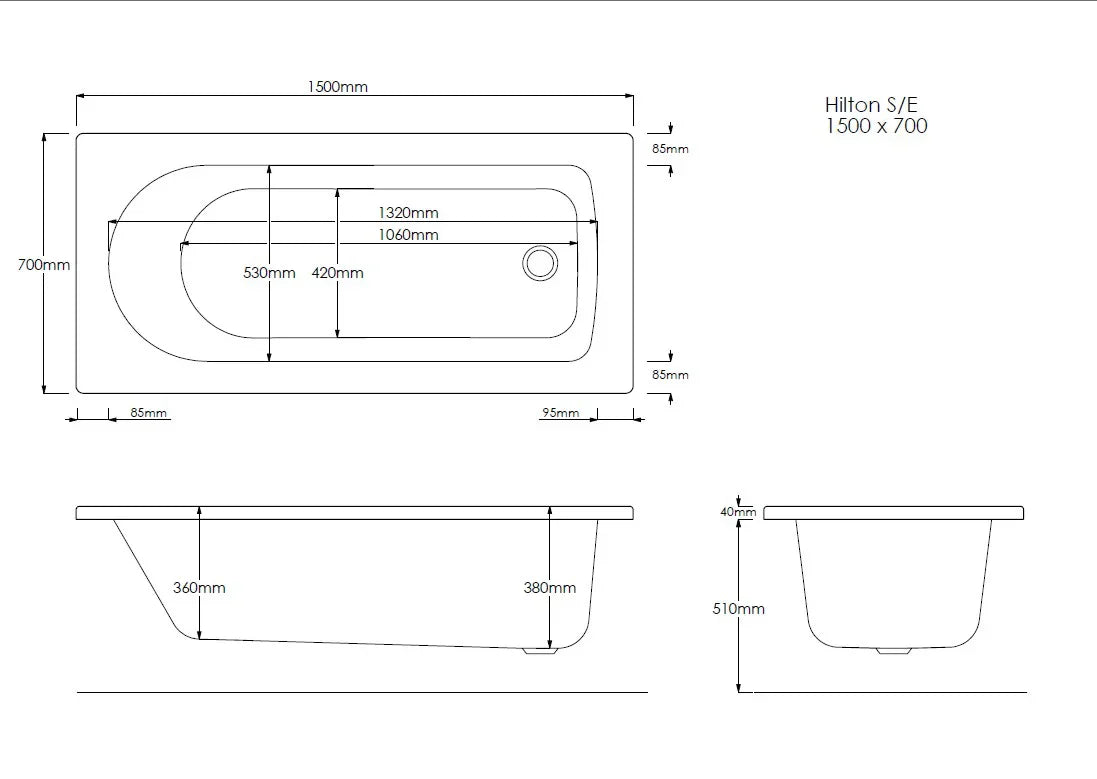 Harper & Brooke Cavetto Toughened 1700mm x 700mm Single Ended Bath
