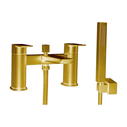 Harper & Brooke Morley PVD Coated Bath Shower Mixer w/ 2 Tap Holes, Slide Rail & Fixed & Handheld Shower Head - Brushed Brass