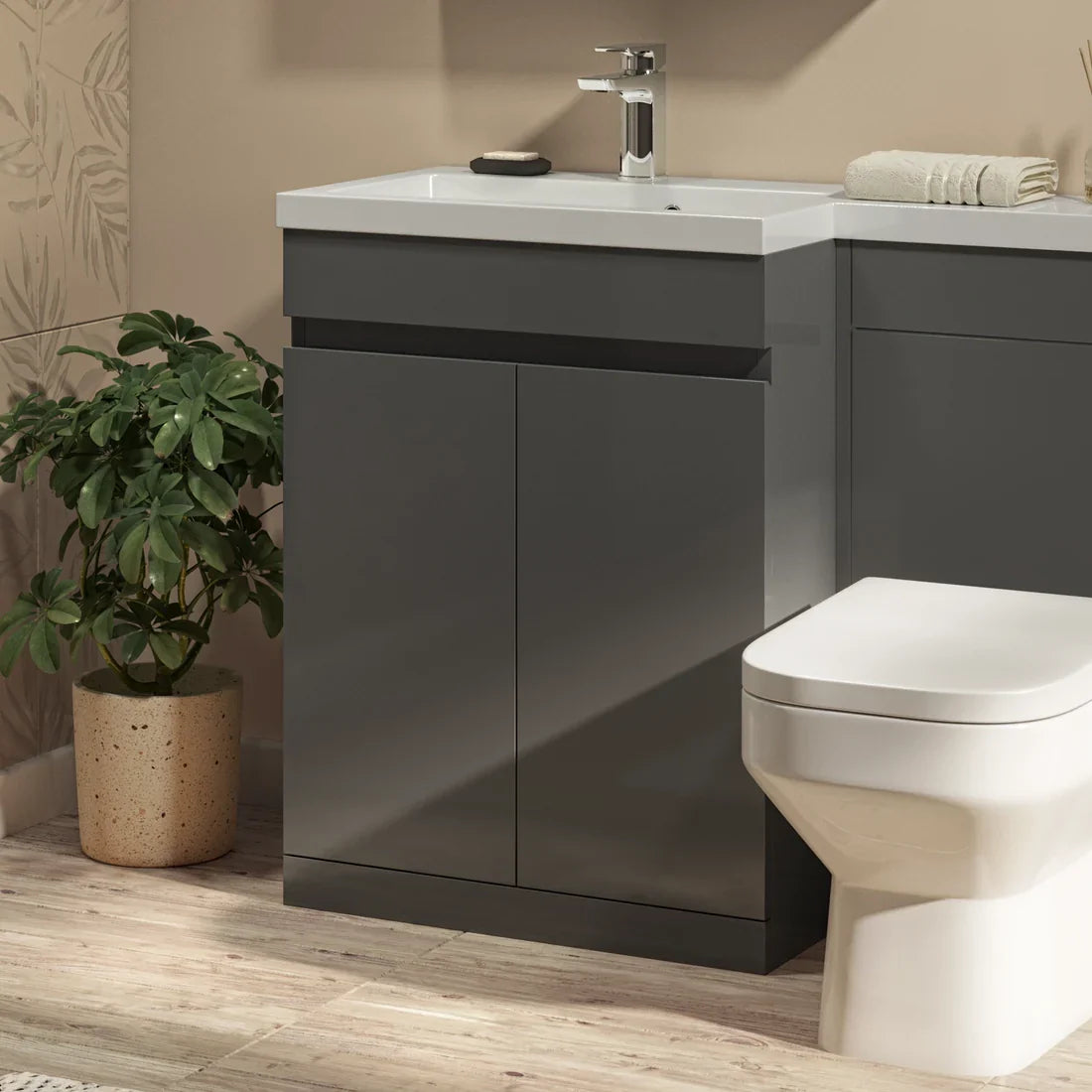 Slateford 625mm x 825mm x 410mm 2 Door Handleless Floorstanding Vanity Unit - Matt Grey