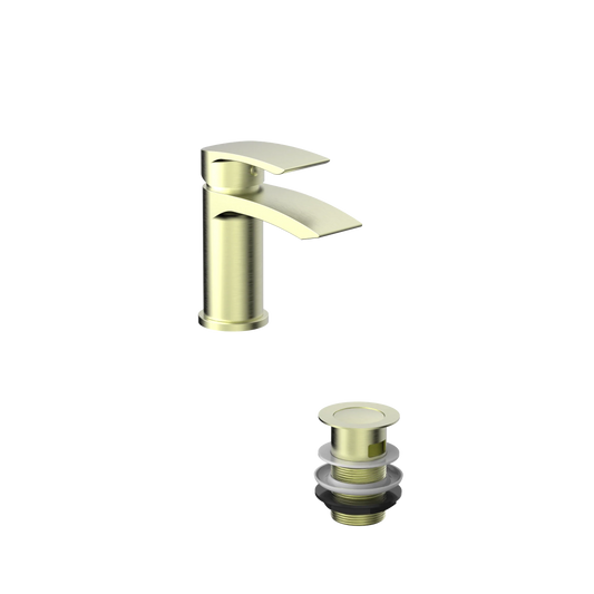 Harper & Brooke Tudor PVD Coated Mini Mono Basin Mixer w/ Pop Up Waste - Brushed Brass