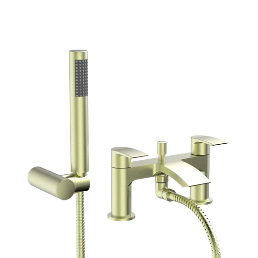 Harper & Brooke Tudor PVD Coated Bath Shower Mixer w/ 2 Tap Holes, Slide Rail & Fixed & Handheld Shower Head - Brushed Brass